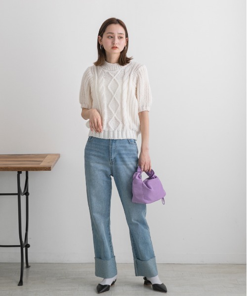 ad thie(アドティエ)の「ショート丈・ケーブル パフスリーブニット(ニット/セーター・レディース・オフホワイト/杢グレー/ピンク・FREE)」の4枚目の写真