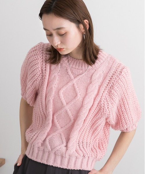 ad thie(アドティエ)の「ショート丈・ケーブル パフスリーブニット(ニット/セーター・レディース・オフホワイト/杢グレー/ピンク・FREE)」の20枚目の写真