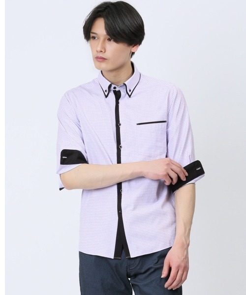 m.f.editorial(エムエフエディトリアル)の「シャツ メンズ 7分袖 綿混 ドビー ボタンダウン 二枚衿(シャツ/ブラウス・メンズ・ネイビー/パープル/ホワイト・MEDIUM/LARGE/X-LARGE)」の1枚目の写真