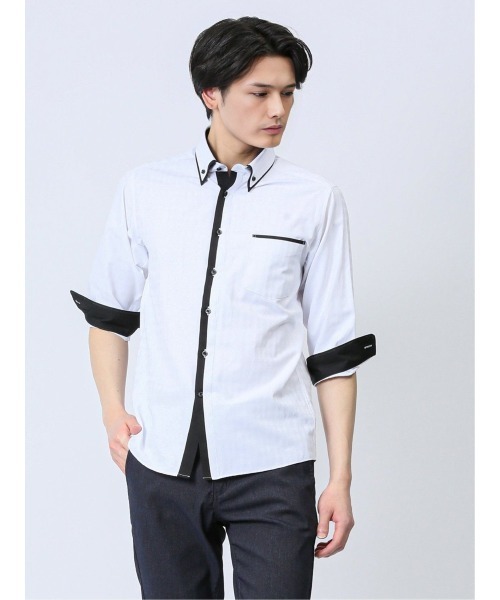 m.f.editorial(エムエフエディトリアル)の「シャツ メンズ 7分袖 綿混 ドビー ボタンダウン 二枚衿(シャツ/ブラウス・メンズ・ネイビー/パープル/ホワイト・MEDIUM/LARGE/X-LARGE)」の2枚目の写真