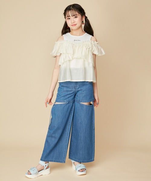 JENNI love(ジェニィラブ)の「シアードッキングトップス(Tシャツ/カットソー・キッズ・アイボリー/ブラック/ラベンダー・130cm/140cm/150cm/160cm)」の7枚目の写真