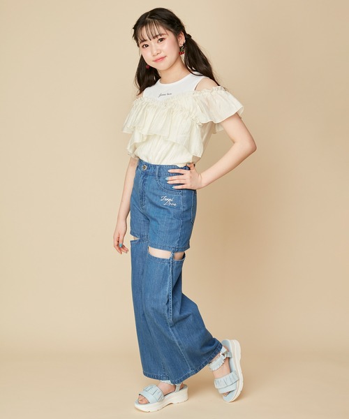 JENNI love(ジェニィラブ)の「シアードッキングトップス(Tシャツ/カットソー・キッズ・アイボリー/ブラック/ラベンダー・130cm/140cm/150cm/160cm)」の9枚目の写真