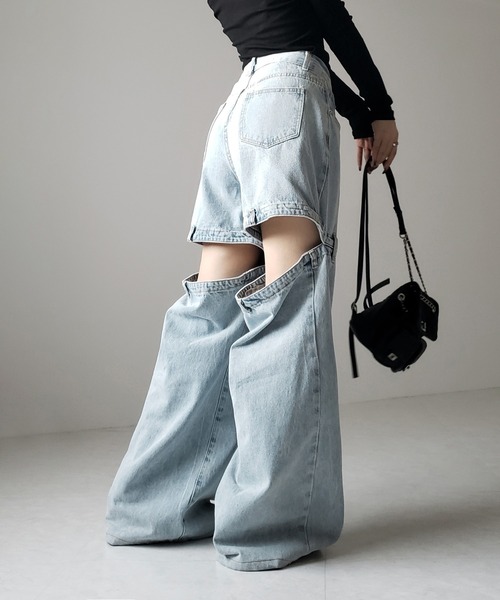me+em select(ミームセレクト)の「【 選べる3サイズ 】バックオープンカットアウトウォッシュワイドデニム / Back open cutout washed wide denim ※※(デニムパンツ・レディース・ブルー/ブラック・SMALL/MEDIUM/LARGE)」の11枚目の写真