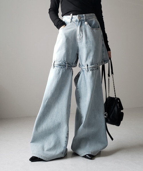 me+em select(ミームセレクト)の「【 選べる3サイズ 】バックオープンカットアウトウォッシュワイドデニム / Back open cutout washed wide denim ※※(デニムパンツ・レディース・ブルー/ブラック・SMALL/MEDIUM/LARGE)」の9枚目の写真