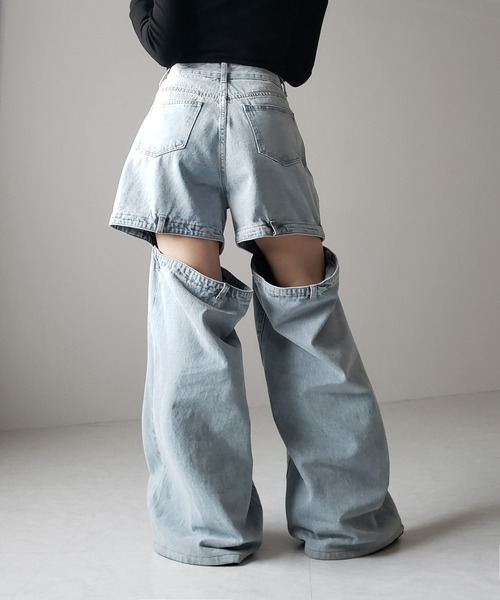 me+em select(ミームセレクト)の「【 選べる3サイズ 】バックオープンカットアウトウォッシュワイドデニム / Back open cutout washed wide denim ※※(デニムパンツ・レディース・ブルー/ブラック・SMALL/MEDIUM/LARGE)」の12枚目の写真