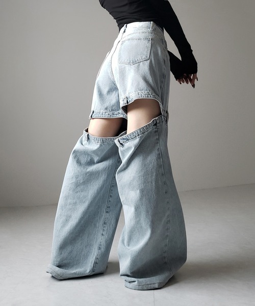 me+em select(ミームセレクト)の「【 選べる3サイズ 】バックオープンカットアウトウォッシュワイドデニム / Back open cutout washed wide denim ※※(デニムパンツ・レディース・ブルー/ブラック・SMALL/MEDIUM/LARGE)」の14枚目の写真