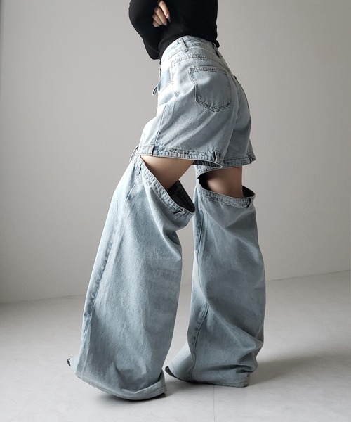 me+em select(ミームセレクト)の「【 選べる3サイズ 】バックオープンカットアウトウォッシュワイドデニム / Back open cutout washed wide denim ※※(デニムパンツ・レディース・ブルー/ブラック・SMALL/MEDIUM/LARGE)」の15枚目の写真