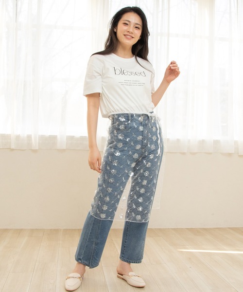 目を惹く 美しいスパンコール ペイズリー ETEO ミディ丈スカート セール】 《美人百花掲載》スパンコールシアー刺繍スカート