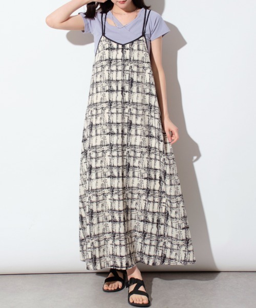 MES 何気ない DEMOISELLES チェック コンビ柄 キャミソールワンピース
