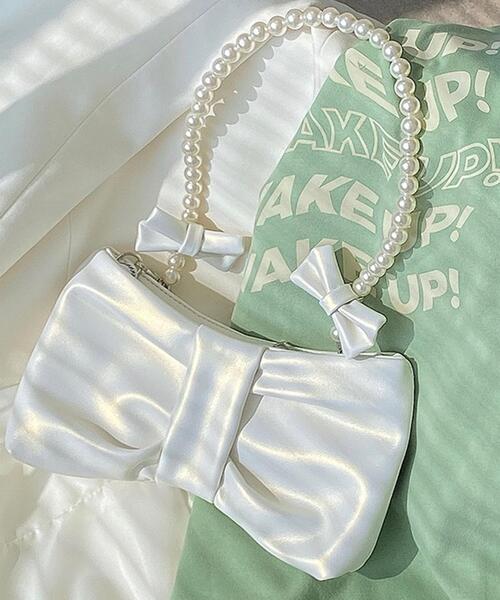 WEGO（ウィゴー）の「WEGO/パールリボンバッグ（ハンドバッグ・レディース・ホワイト/ピンク・FREE）」の2枚目の写真