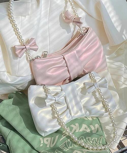 WEGO（ウィゴー）の「WEGO/パールリボンバッグ（ハンドバッグ・レディース・ホワイト/ピンク・FREE）」の3枚目の写真