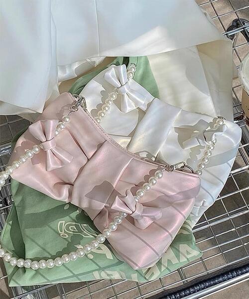 WEGO（ウィゴー）の「WEGO/パールリボンバッグ（ハンドバッグ・レディース・ホワイト/ピンク・FREE）」の4枚目の写真