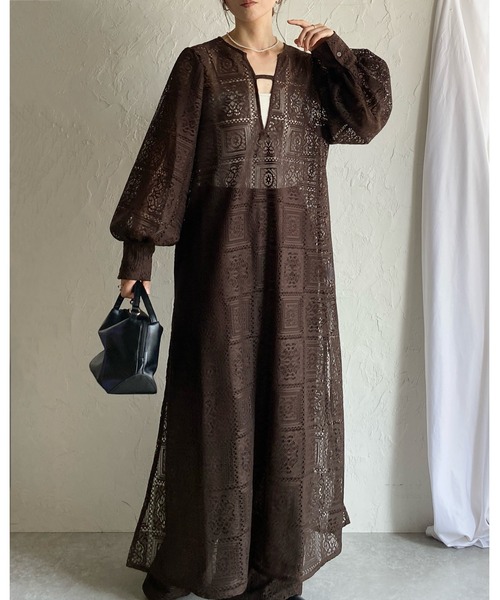 vintage lace レースクロシェ　ワンピース　アンティーク セール】クロシェ編み風ブロックレースボリュームスリーブ深V