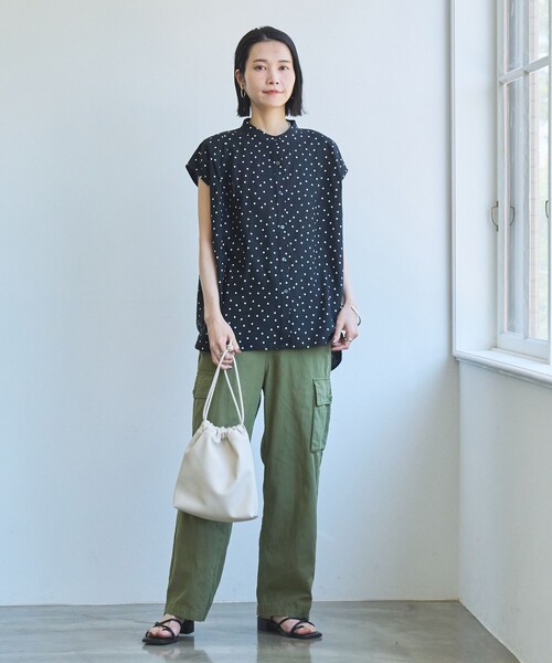 素朴 シンプル　　ドット柄パッチワーク リネンカジュアルブラウス b14114ps-15.jpg