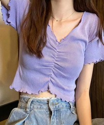 Vネックフロントシャーリングメロー半袖Tシャツ