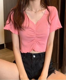 Vネックフロントシャーリングメロー半袖Tシャツ