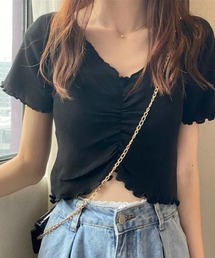Vネックフロントシャーリングメロー半袖Tシャツ