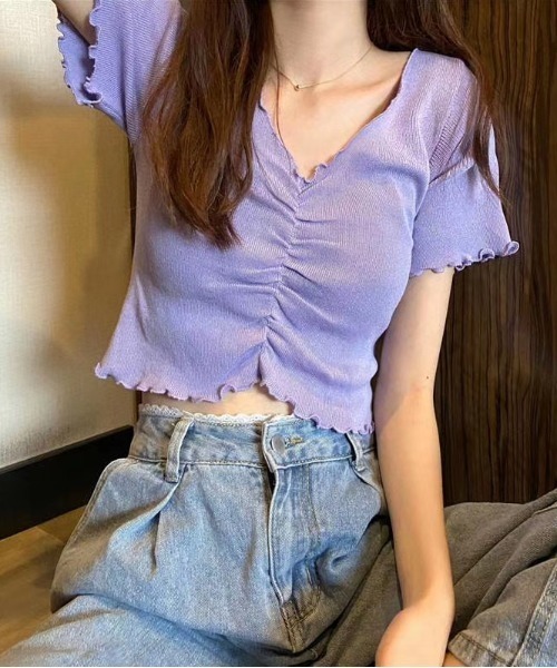 Per sist ence(パーシエンス)の「Vネックフロントシャーリングメロー半袖Tシャツ(Tシャツ/カットソー・レディース・パープル/ホワイト/ピンク/ブラック・FREE)」の10枚目の写真