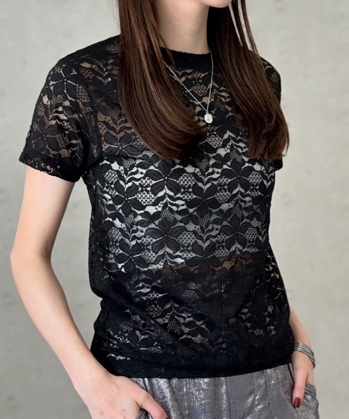 Per sist ence(パーシエンス)の「レースコンパクトTシャツ(Tシャツ/カットソー・レディース・オフホワイト/ブラック・FREE)」の1枚目の写真