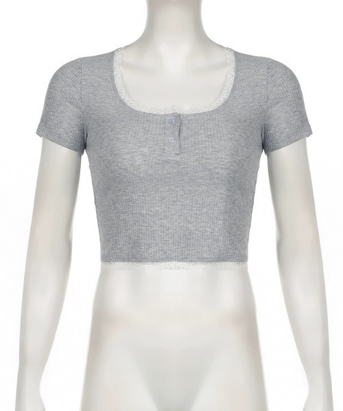 LADY LIKE(レディライク)の「縁取りレースボタン付きトップス(Tシャツ/カットソー・レディース・ブラック/グレー・M)」の7枚目の写真