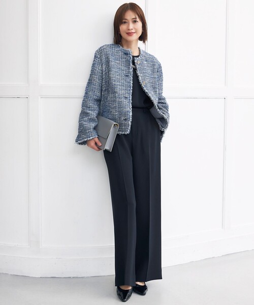 自由区（ジユウク）の「GIOLICAファンシーツイード ジャケット（ノーカラージャケット・レディース・ベージュ系/ブルー系・46/44）」の3枚目の写真