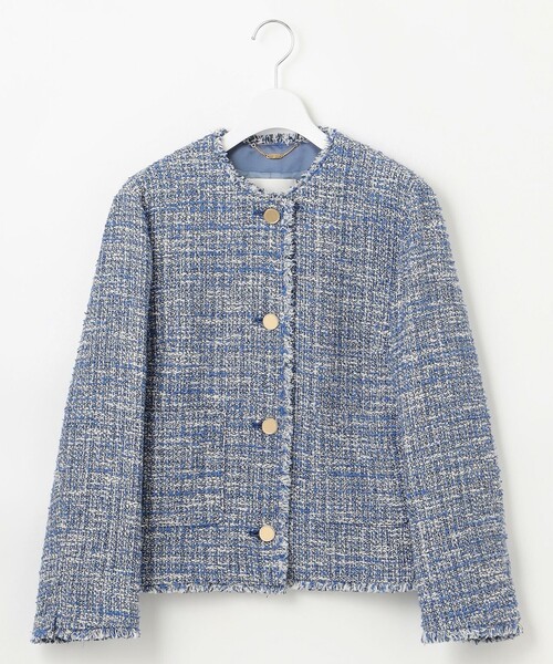 自由区（ジユウク）の「GIOLICAファンシーツイード ジャケット（ノーカラージャケット・レディース・ベージュ系/ブルー系・46/44）」の6枚目の写真