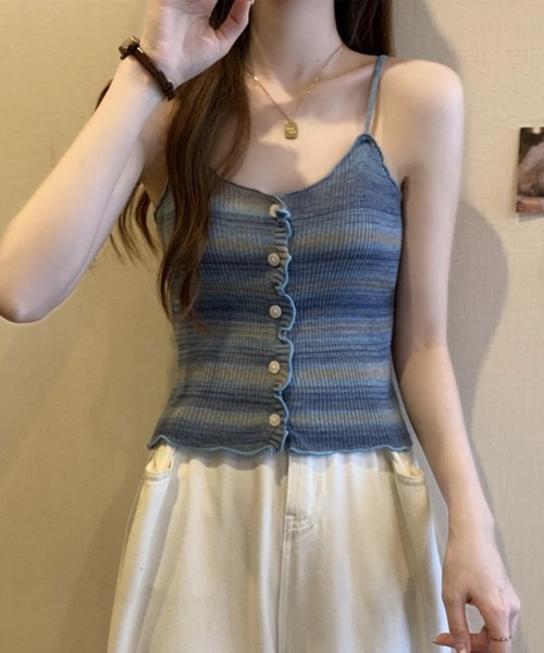 Lace Ladies(レースレディース)の「カラフル マルチボーダー フロントボタン ニット キャミソール(キャミソール・レディース・イエロー/ネイビー/ピンク・FREE)」の2枚目の写真