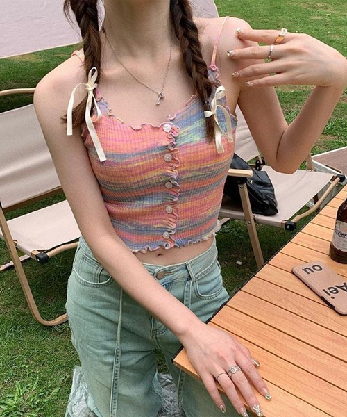 Lace Ladies(レースレディース)の「カラフル マルチボーダー フロントボタン ニット キャミソール(キャミソール・レディース・イエロー/ネイビー/ピンク・FREE)」の20枚目の写真