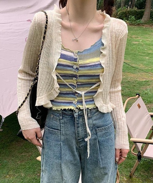 Lace Ladies(レースレディース)の「カラフル マルチボーダー フロントボタン ニット キャミソール(キャミソール・レディース・イエロー/ネイビー/ピンク・FREE)」の17枚目の写真