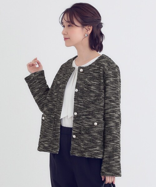 【美品】大きいサイズ　LACOUPE ツイード風ノーカラージャケット 美品】大きいサイズ LACOUPE ツイード風ノーカラージャケット