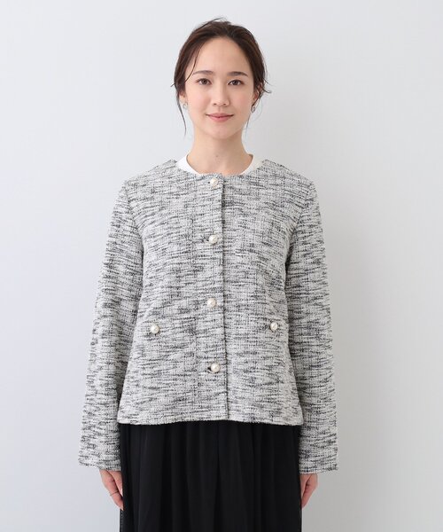 【美品】大きいサイズ　LACOUPE ツイード風ノーカラージャケット 美品】大きいサイズ LACOUPE ツイード風ノーカラージャケット