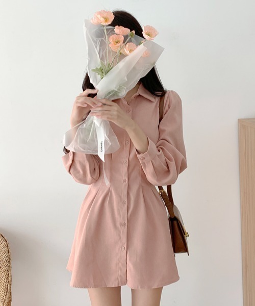 Teem Store（チームストア）の「ウエストピンタックデザイン シャツワンピース（シャツワンピース・レディース・ピンク/アイボリー/ライトブルー・M/S）」の2枚目の写真