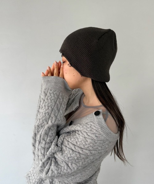 SANSeLF(サンセルフ)の「【SANSeLF】 ダメージニットビーニー ロールヘム sana25a001(ニットキャップ/ビーニー・レディース・グレー/カーキ/ブラック・FREE)」の2枚目の写真