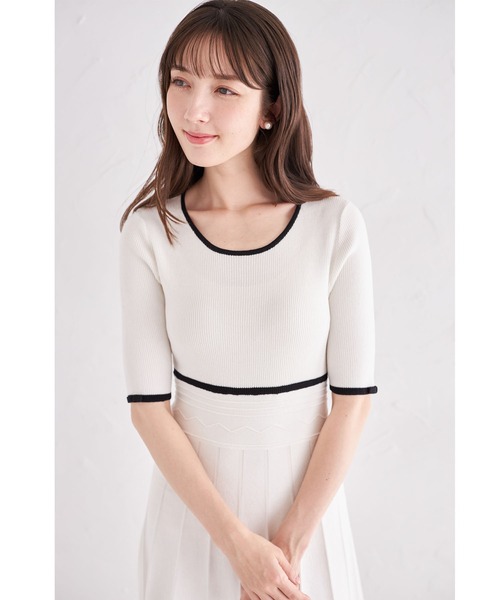 tocco closet(トッコ クローゼット)の「プチリボン付き配色ニットプリーツワンピース(ワンピース・レディース・ベージュ/オフホワイト/ブラック・M)」の8枚目の写真