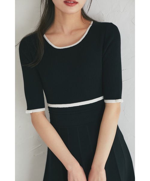 tocco closet(トッコ クローゼット)の「プチリボン付き配色ニットプリーツワンピース(ワンピース・レディース・ベージュ/オフホワイト/ブラック・M)」の18枚目の写真