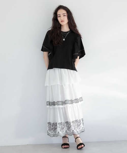 ESCAR（エスカー）の「■ESCAR バイカラーstフレアスリーブTEE（Tシャツ/カットソー・レディース・ブラック/オフホワイト・FREE）」の3枚目の写真