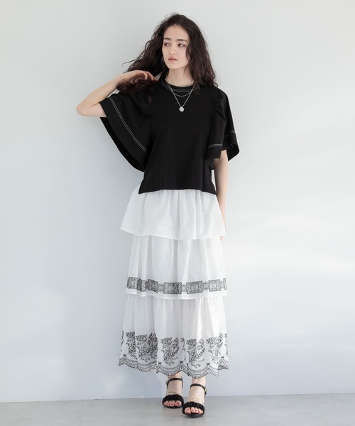 ESCAR（エスカー）の「■ESCAR バイカラーstフレアスリーブTEE（Tシャツ/カットソー・レディース・ブラック/オフホワイト・FREE）」の4枚目の写真