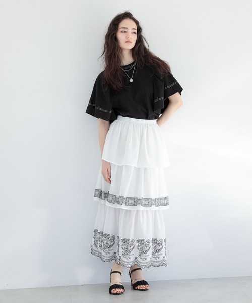 ESCAR（エスカー）の「■ESCAR バイカラーstフレアスリーブTEE（Tシャツ/カットソー・レディース・ブラック/オフホワイト・FREE）」の5枚目の写真