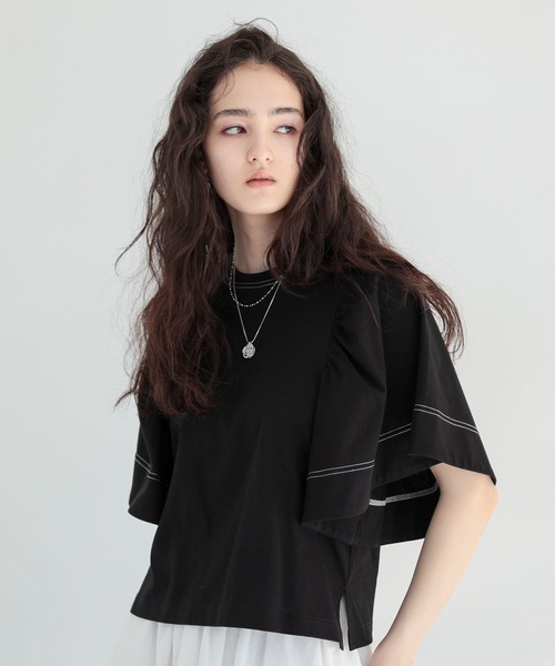 ESCAR（エスカー）の「■ESCAR バイカラーstフレアスリーブTEE（Tシャツ/カットソー・レディース・ブラック/オフホワイト・FREE）」の7枚目の写真