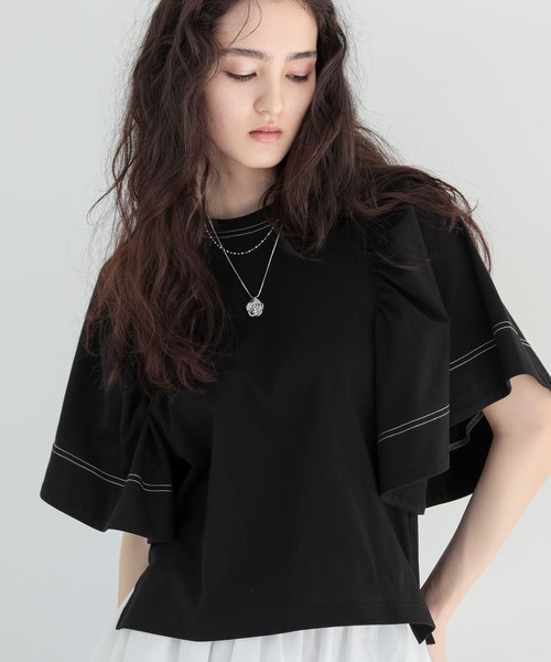 ESCAR（エスカー）の「■ESCAR バイカラーstフレアスリーブTEE（Tシャツ/カットソー・レディース・ブラック/オフホワイト・FREE）」の8枚目の写真