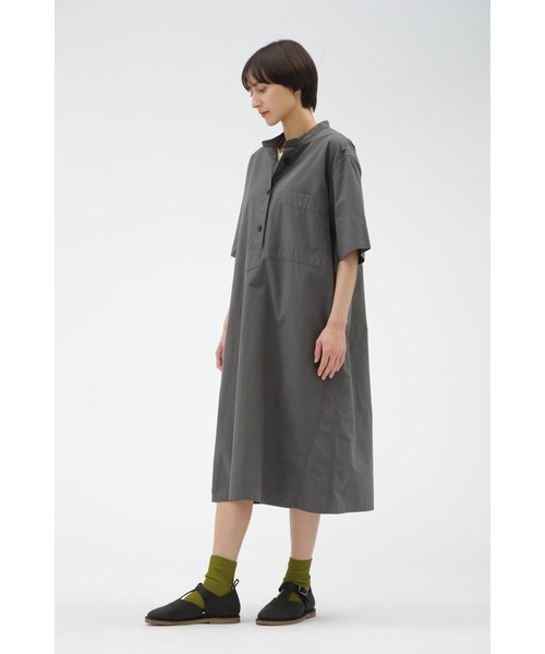 MHL. エムエイチエル　半袖ロングシャツワンピース　ハーフボタン　カーキ　1 MHL. エムエイチエル 半袖ロングシャツワンピース ハーフボタン