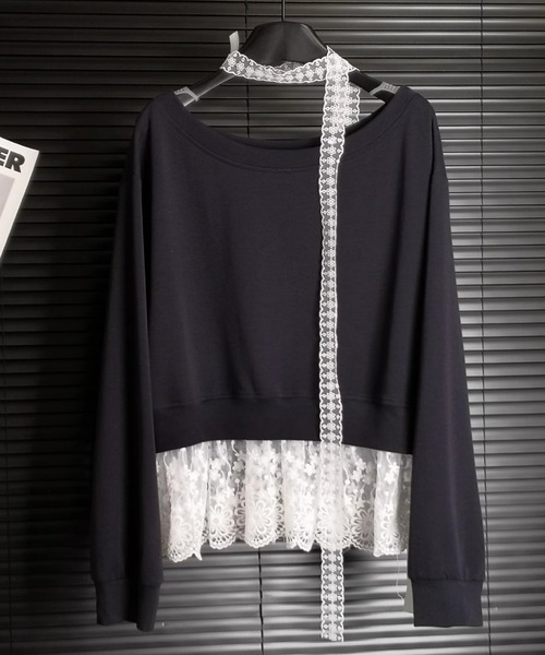 ampm(エーエムピーエム)の「レースチョーカーオフショルカットソー(Tシャツ/カットソー・レディース・グレー/ブルー/ブラック/ネイビー・FREE)」の1枚目の写真