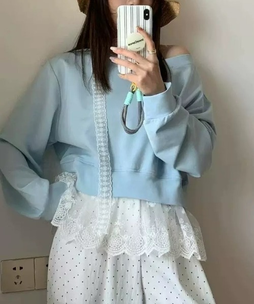 ampm(エーエムピーエム)の「レースチョーカーオフショルカットソー(Tシャツ/カットソー・レディース・グレー/ブルー/ブラック/ネイビー・FREE)」の5枚目の写真