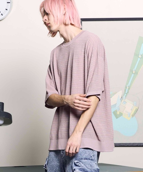 MAISON SPECIAL(メゾンスペシャル)の「《UNISEX》Prime-Over Sheer Border Short Sleeve Crew Neck Knit T-Shirt/プライムオーバーシアーボーダーショートスリーブクルーネックニットTシャツ【MAISON SPECIAL/メゾンスペシャル】(Tシャツ/カットソー・メンズ・グレイッシュベージュ/ピンク/ブラック・2/1)」の3枚目の写真