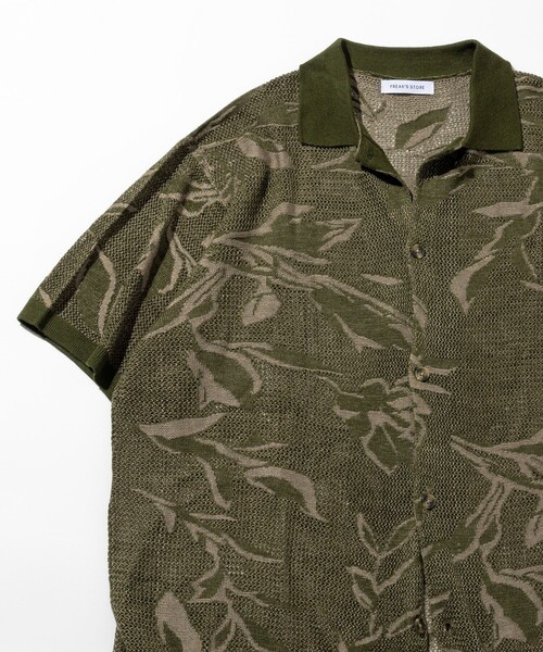 セール】総柄 メッシュ編み ニットシャツ ショートスリーブ