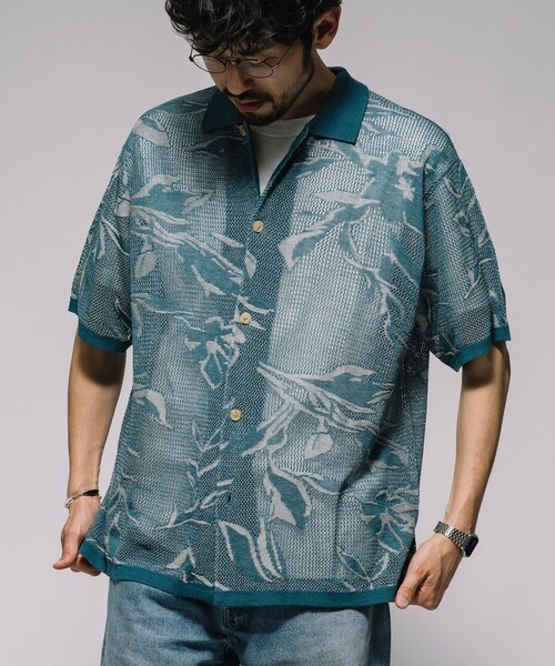 セール】総柄 メッシュ編み ニットシャツ ショートスリーブ
