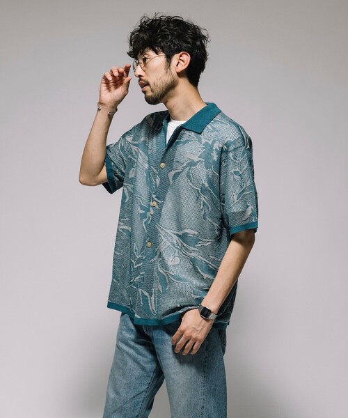 セール】総柄 メッシュ編み ニットシャツ ショートスリーブ