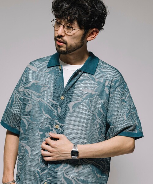 セール】総柄 メッシュ編み ニットシャツ ショートスリーブ