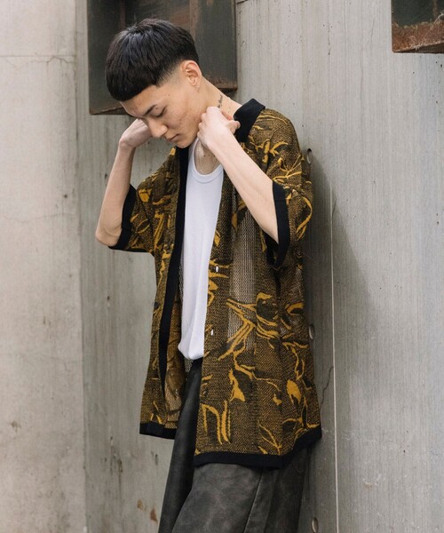 FREAK'S STORE（フリークスストア）の「総柄 メッシュ編み ニットシャツ ショートスリーブ（カーディガン/ボレロ・メンズ・ブラック/ブラウン/オリーブ/ブルー/ナチュラル・MEDIUM/LARGE）」の20枚目の写真