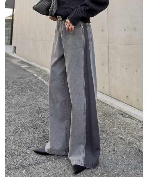 低身長/高身長サイズ有]コットンデニムパネルワイドパンツ（デニム